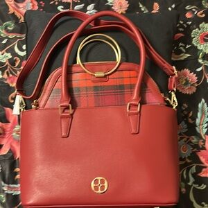 NWOT,IMAN LEATHER BAG WITH A 2 bag combo,BURGUNDY TOTE WITH BAG BURGUNDY TARTAN
